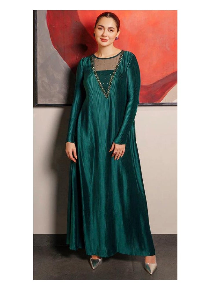 Woman's Elegant Green Silk Wedding Function Dress with Embellished Organza Insert & Tapered Sleeves