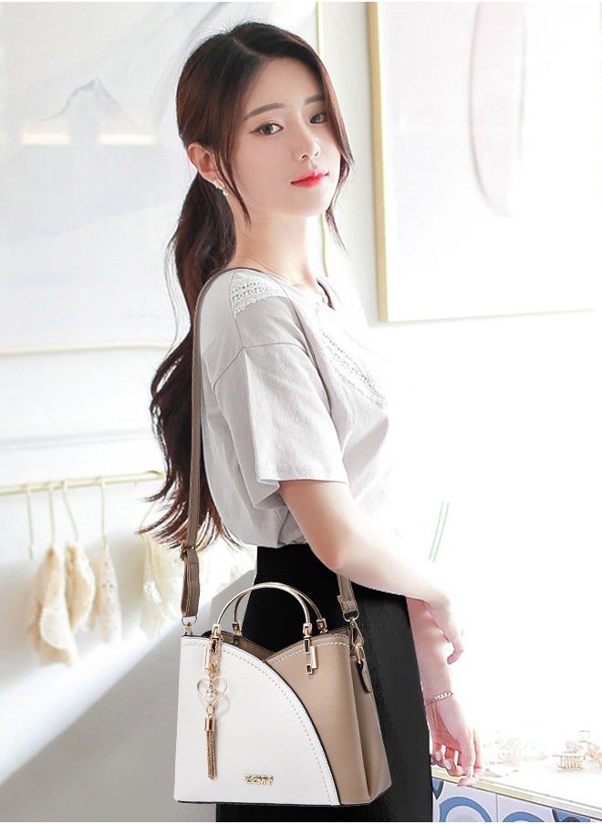 Women's Bag Large Capacity White & Khaki Colorblock, Shoulder & Crossbody Bag for Women Girls, Trendy and Stylish Tassel Handbag