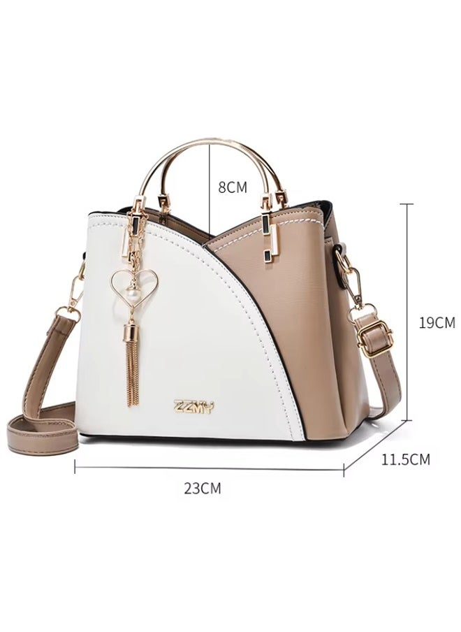 Women's Bag Large Capacity White & Khaki Colorblock, Shoulder & Crossbody Bag for Women Girls, Trendy and Stylish Tassel Handbag