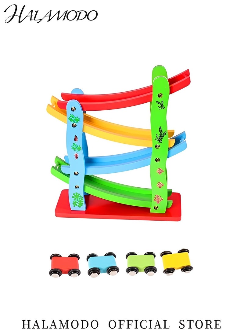 Toddler's Car Ramps Race Wooden Track Toy with 4 Mini Cars Ramp Racer Set Track Gliding Car Educational Toys Parent-child Interactive Activities Birthday Gift for Boys & Girls &Kids