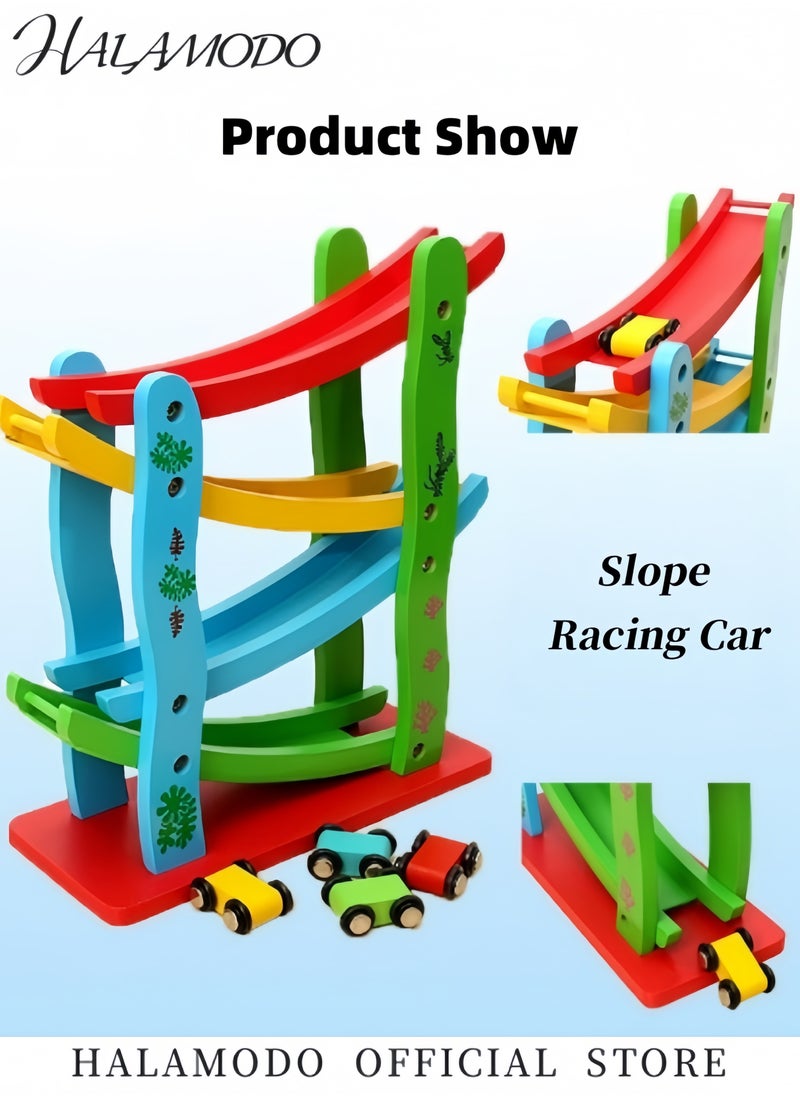 Toddler's Car Ramps Race Wooden Track Toy with 4 Mini Cars Ramp Racer Set Track Gliding Car Educational Toys Parent-child Interactive Activities Birthday Gift for Boys & Girls &Kids