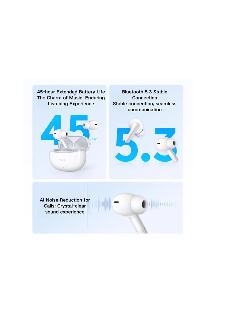 vivo TWS A3 True Wireless Earbuds - Swan White, 10mm Dynamic Driver, IP54, Bluetooth 5.3