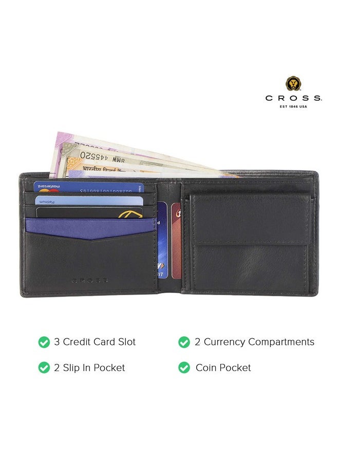 Cross Ro-Ve-Az Bi Fold Leather Men's Coin RFID Wallet AC038072 (Black & Middle Blue)