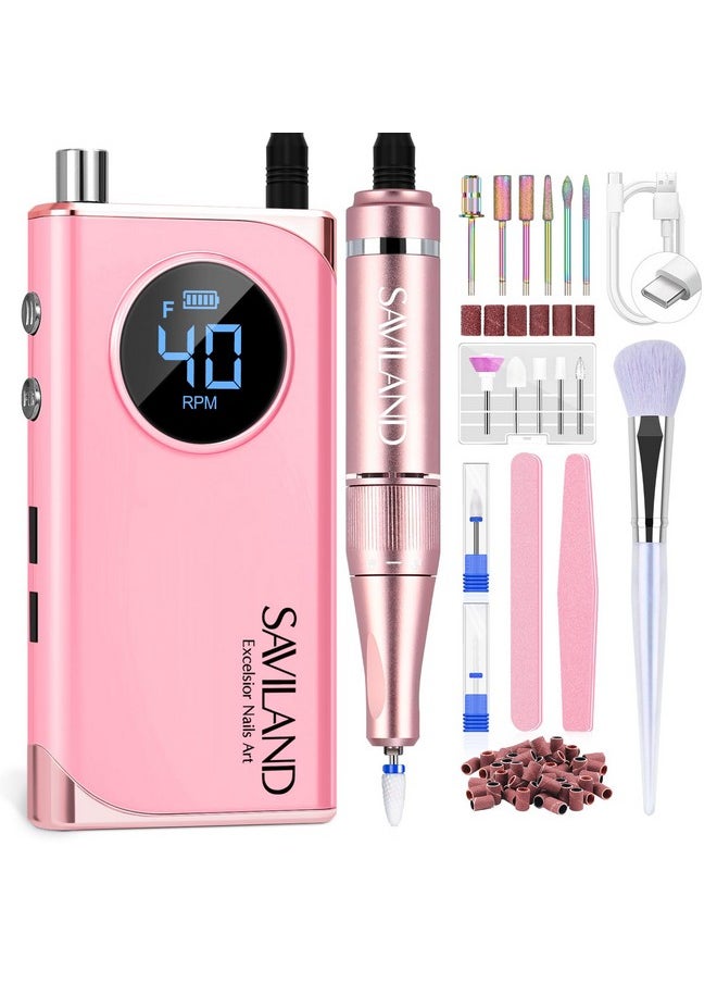 SAVILAND Electric Nail Drill Professional: 40000RPM Pink Nail Filer Electric Manicure Pedicure 13 Nail Drill Bits for Acrylic Nails False Nails Gel Nails Dip Nail Artificial Nails Home Salon