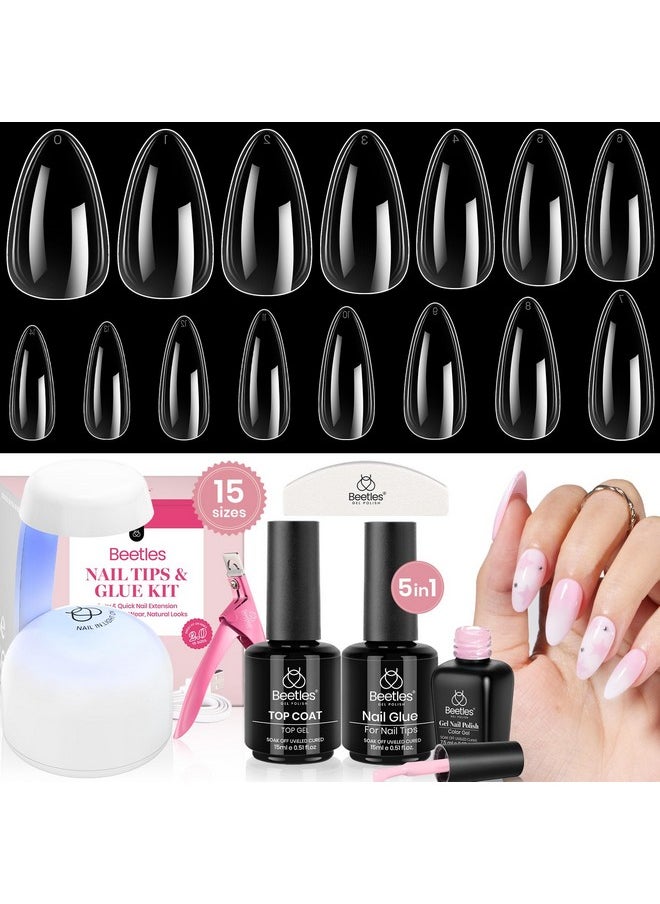 Beetles Gel Nail Kit 600Pcs 15 Sizes Medium Almond Nail Tips with Pink Color Gel Top Coat,Soft Clear Nail Tips Set 5 In 1 Nail Glue Uv Nail Lamp Easy Nail Extension Set DIY Manicure Art Gift for Women