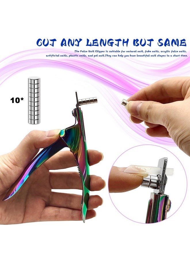 Acrylic Nail Cutter with Magnet Sizer & Length Measurement,Adjustable Stainless Nail Trimmer for Salon Home Nail Art, Professional Nail Clippers for Precise Manicures (Rainbow)