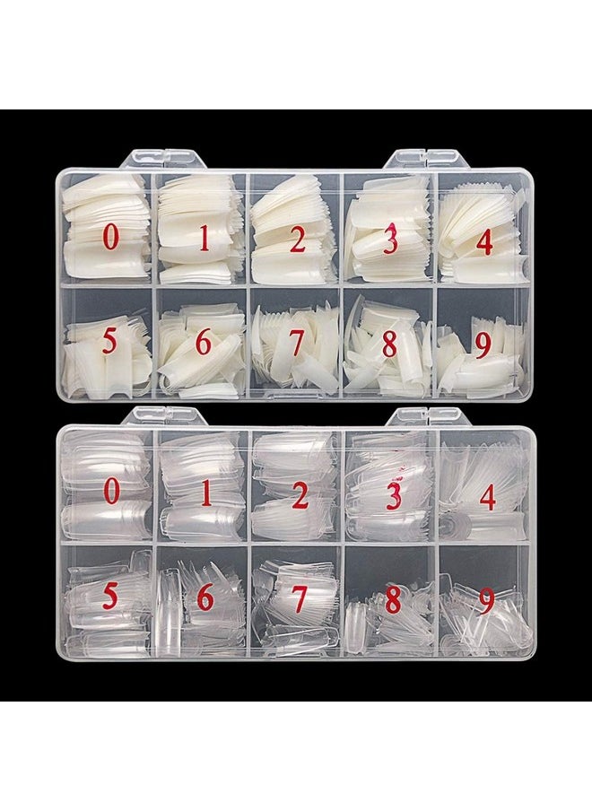 1000PCS Half Cover False Nails Tips, krofaue 10 Sizes Lady French Style Acrylic Artificial Tip Manicure with Box for Nail Tips Art Salons and Home DIY (Natural+Clear)