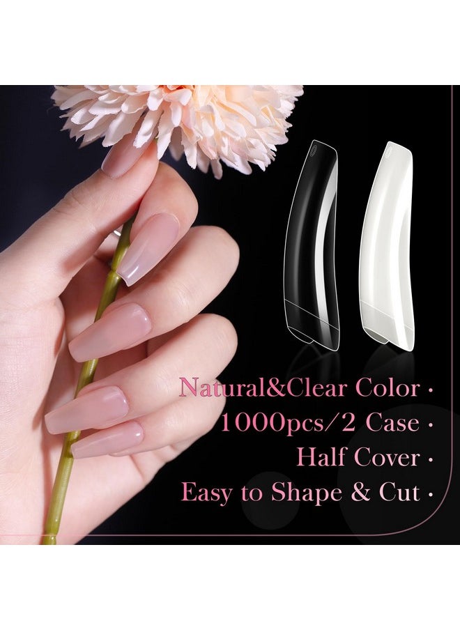 1000PCS Half Cover False Nails Tips, krofaue 10 Sizes Lady French Style Acrylic Artificial Tip Manicure with Box for Nail Tips Art Salons and Home DIY (Natural+Clear)