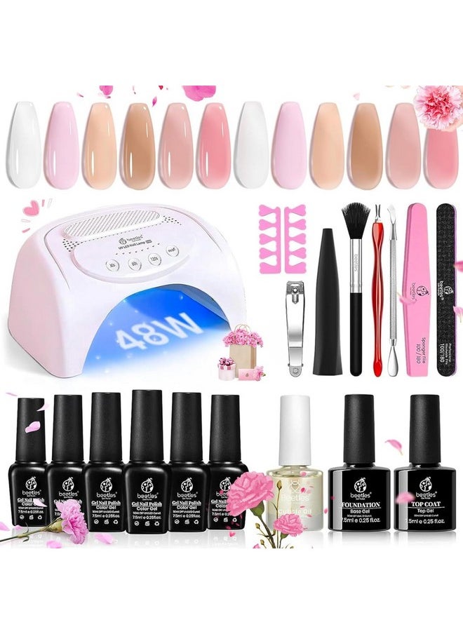 Beetles Gel Nail Polish Kit with U V LED Light 48W,6 Colors Jelly Milky White Sheer Pink Nude Gel Polish Starter Kit Manicure,Soak Off U V Gel Nail Polish Set Salon DIY Gifts for Girl