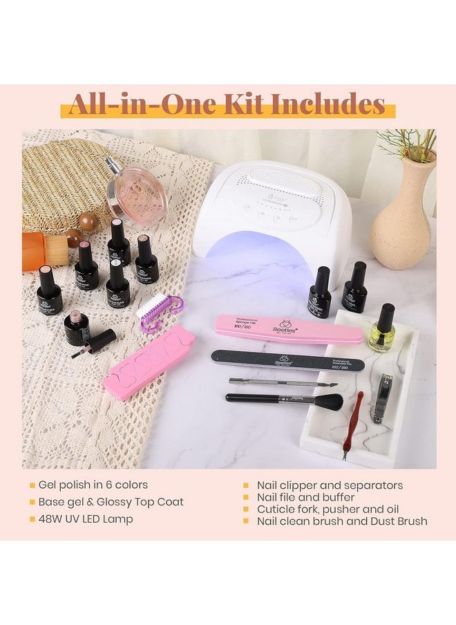 Beetles Gel Nail Polish Kit with U V LED Light 48W,6 Colors Jelly Milky White Sheer Pink Nude Gel Polish Starter Kit Manicure,Soak Off U V Gel Nail Polish Set Salon DIY Gifts for Girl