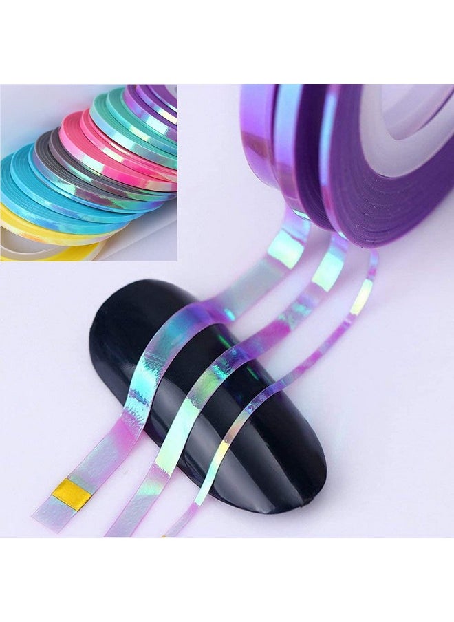 Nail Art Striping Tape Lines 18 pcs Mermaid Candy Color Adhesive Nail Stickers,Rolls Nail Strips Tape Decals for Design Hologram Purple Blue Grey Line Nail Art