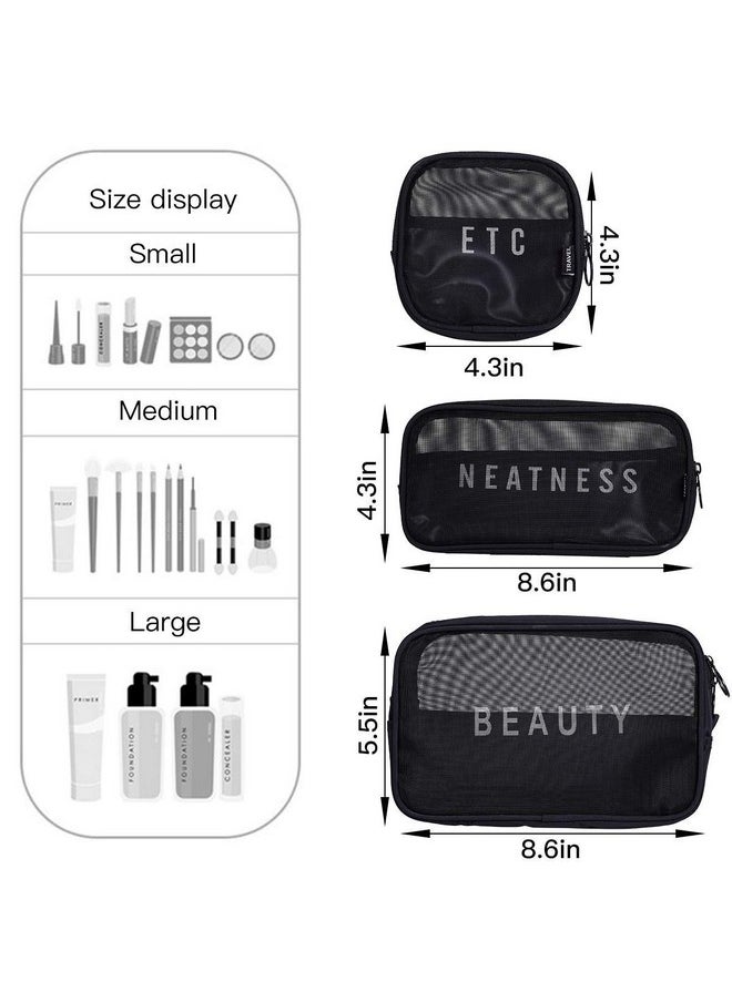 House of Quirk Travel Mesh Makeup Bags Set 3 Pieces See Through Zipper Pouch Travel Cosmetic And Toiletry Kit Organizer Bag 3 Pack Of S M L (Black)