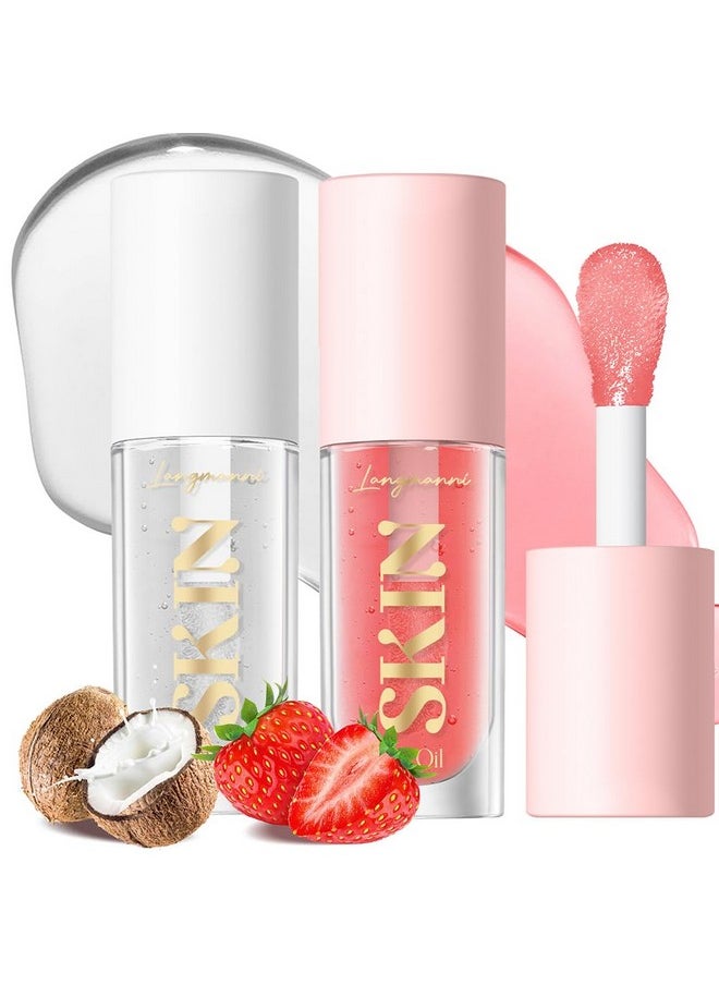 BANGFENG 2Pack Non-sticky Lip Oil, Moisturizing Glossy/Shiny Lip Gloss Oil PlumpingTint, Hydrating Lip Gloss Lip Balm, Long Lasting Nourishing Fruit Flavoure Lip Oils(Strawberry + Coconut)