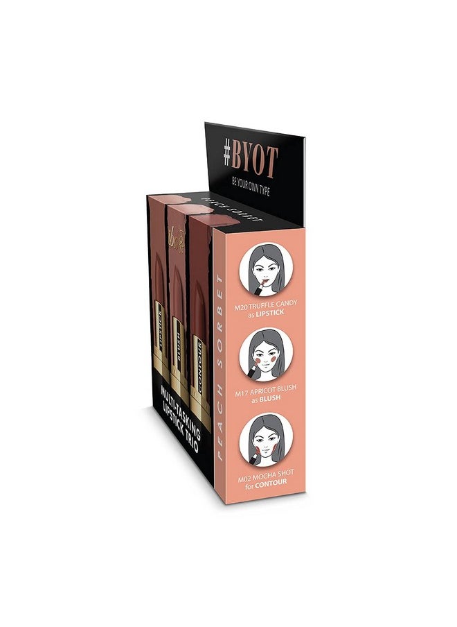 Iba Multi-Tasking Lipstick Trio - Peach Sorbet, Lipstick, Blush, Contour Brown Matte, 12g (Pack of 1) | Halal Certified & Vegan Makeup