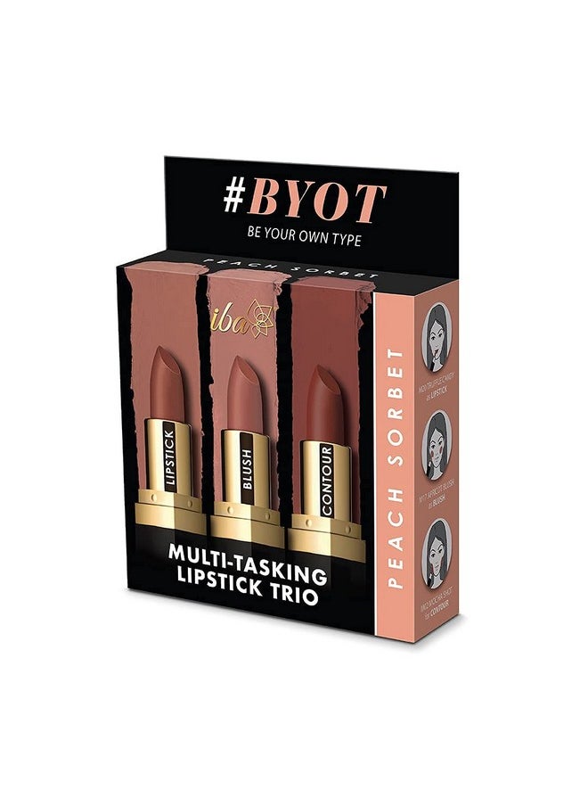 Iba Multi-Tasking Lipstick Trio - Peach Sorbet, Lipstick, Blush, Contour Brown Matte, 12g (Pack of 1) | Halal Certified & Vegan Makeup