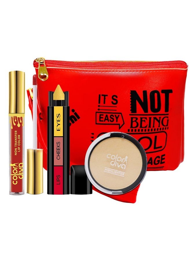 Adbeni Perfect Beauty Makeup Combo of Compact, 3 in 1 Makeup Stick & Life Red Lipcolor Bundle With Makeup Pouch, Pack of 4 (GC1695)