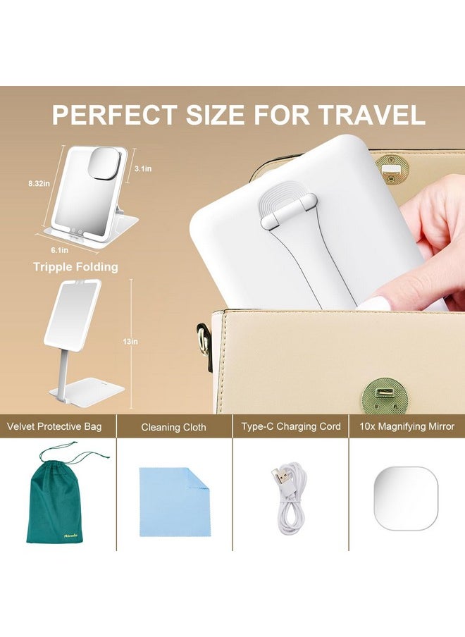 Mocado Travel Makeup Mirror with Light, Tripple Folding Vanity Mirror with Lights, 3 Colors Lighted Makeup Mirror, 1500mAh Rechargeable, Memory Function, Freely Adjust Height and Angle(White)