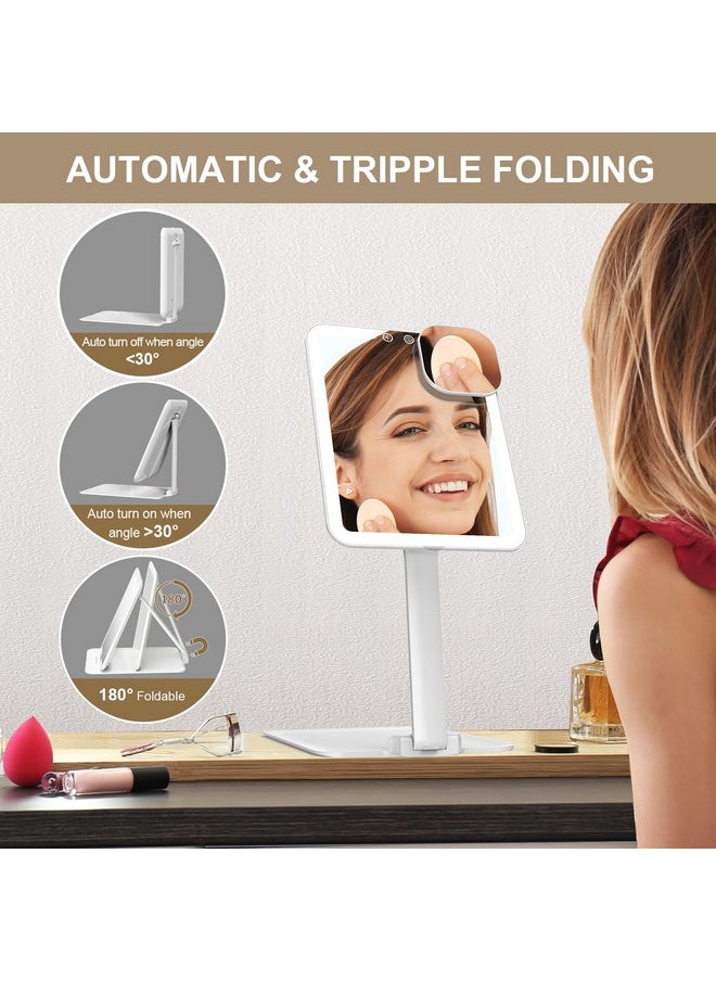 Mocado Travel Makeup Mirror with Light, Tripple Folding Vanity Mirror with Lights, 3 Colors Lighted Makeup Mirror, 1500mAh Rechargeable, Memory Function, Freely Adjust Height and Angle(White)