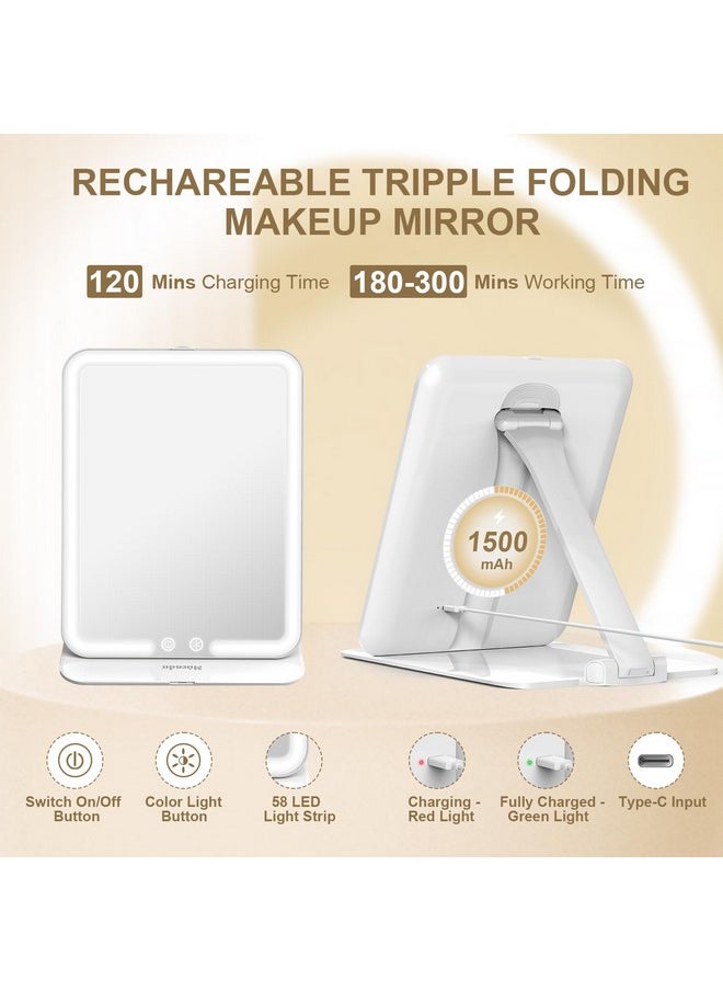 Mocado Travel Makeup Mirror with Light, Tripple Folding Vanity Mirror with Lights, 3 Colors Lighted Makeup Mirror, 1500mAh Rechargeable, Memory Function, Freely Adjust Height and Angle(White)