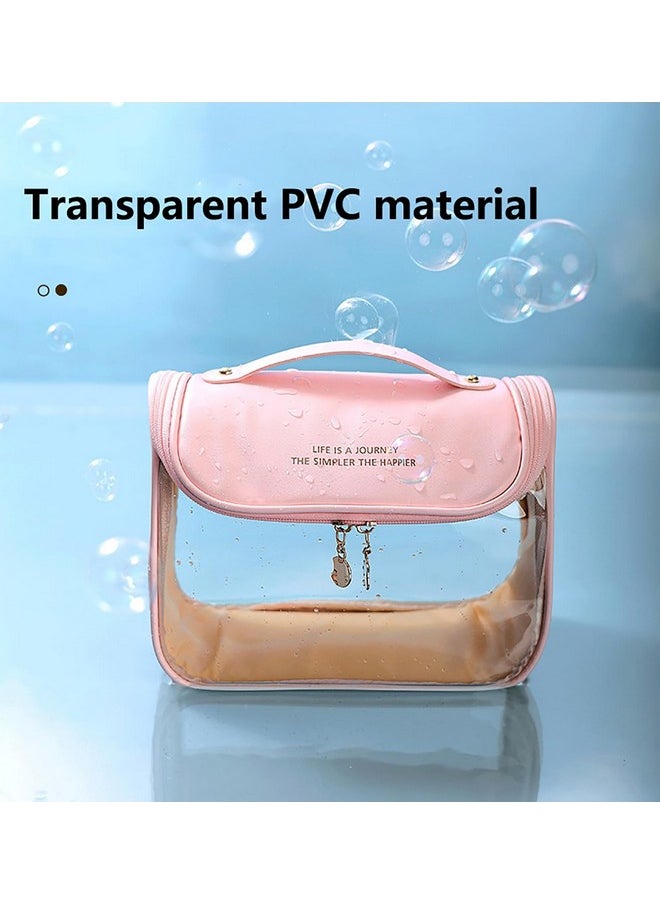 House of Quirk Multipurpose Large-Capacity Clear Cosmetic Bag, Waterproof Travel Toiletry Bag with Hook for Women (Pink)