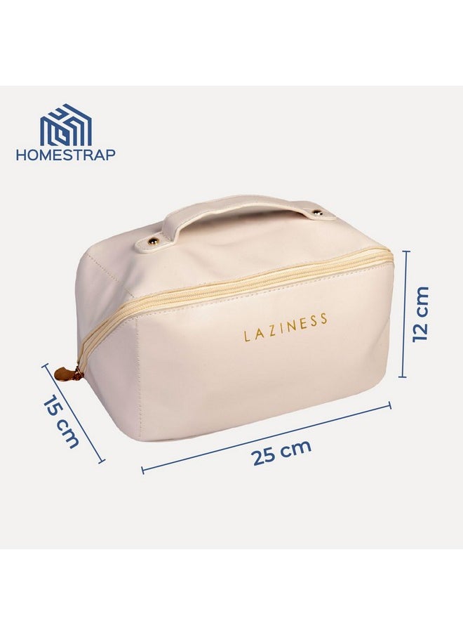 Homestrap Beauty Bunker (Beige) | Cosmetic Organizer for Women | Portable Makeup Kit Storage Bag with Handle and Divider, Makeup Organizer Bag |