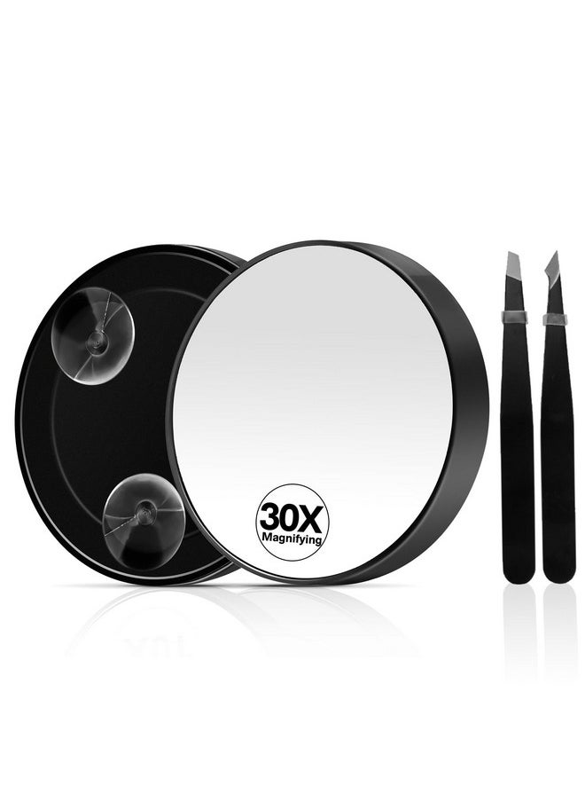 MIYADIVA 30X Magnifying Mirror, Magnifying Mirror Suction Cup, Travel Makeup Mirror with Precise Tweezers, Compact Magnifying Mirror for The Removal of Female Facial Hair, 3.5 Inches (Black)