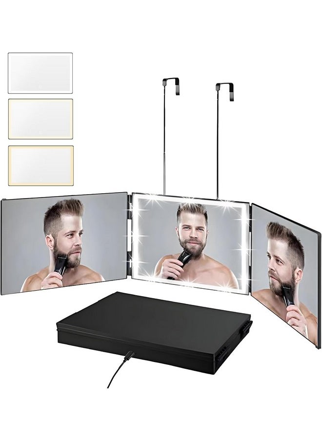 Vanexiss Rechargeable 3 Way Mirror for Hair Cutting, Real Glass Adjustable Trifold Mirror with 3 Color Temps LED Light & Telescoping Hooks for Makeup, Shaving & Styling