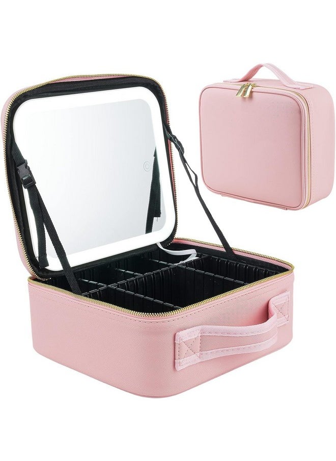 House of Quirk Makeup Bag with Lighted Mirror, Travel Makeup Train Case with 3-Color Setting & Adjustable Dividers, Waterproof Portable Cosmetic Bag (Pink)