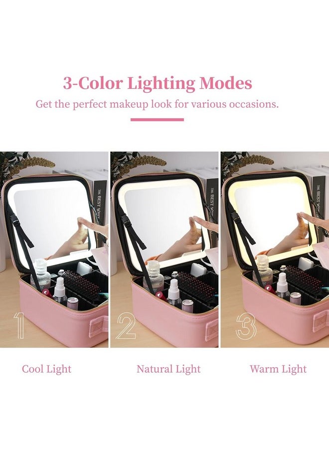 House of Quirk Makeup Bag with Lighted Mirror, Travel Makeup Train Case with 3-Color Setting & Adjustable Dividers, Waterproof Portable Cosmetic Bag (Pink)