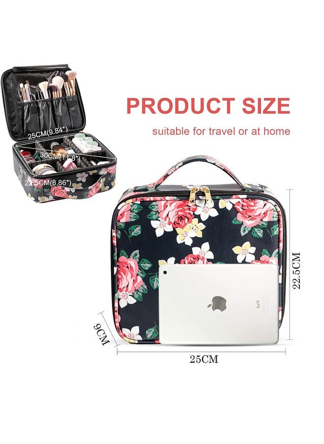 House of Quirk Makeup Cosmetic Storage Case with Adjustable Compartment - Black Flower