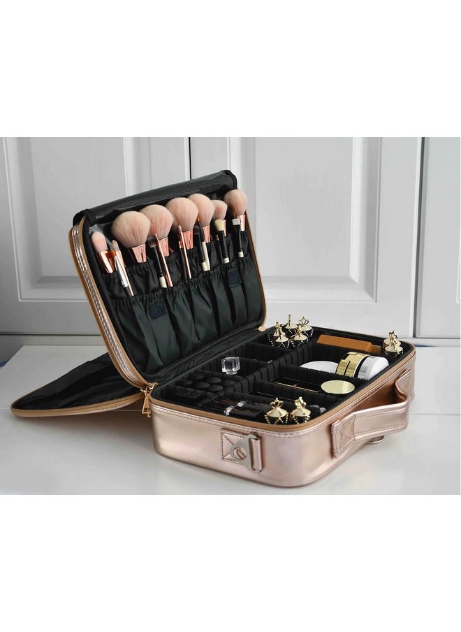 House of Quirk 3 Layers Large Capacity Travel Professional Makeup Box Train Case With Adjustable Compartment Shoulder Strap (Rose Gold)