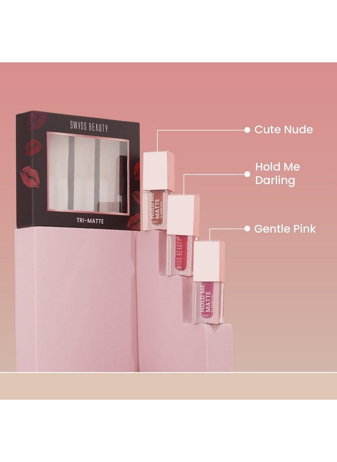 Swiss Beauty Tri-Matte Lipstick | Pack of 3 | 12 Hour Stay |Waterproof & Transfer-proof |With Vitamin E & Apricot Oil| 4.5ml