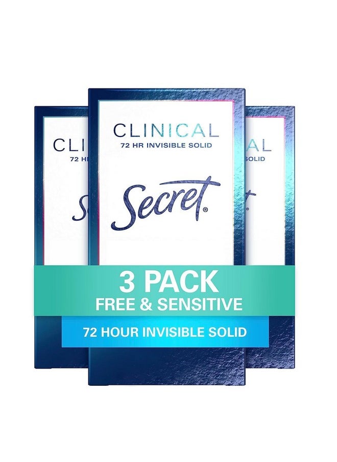 Secret Deodorant and Antiperspirant Clinical Strength for Women, Free & Sensitive, 3X Stress Sweat Protection, PH Balancing Minerals, Invisible Solid, Unscented, 1.6 oz (Pack of 3)