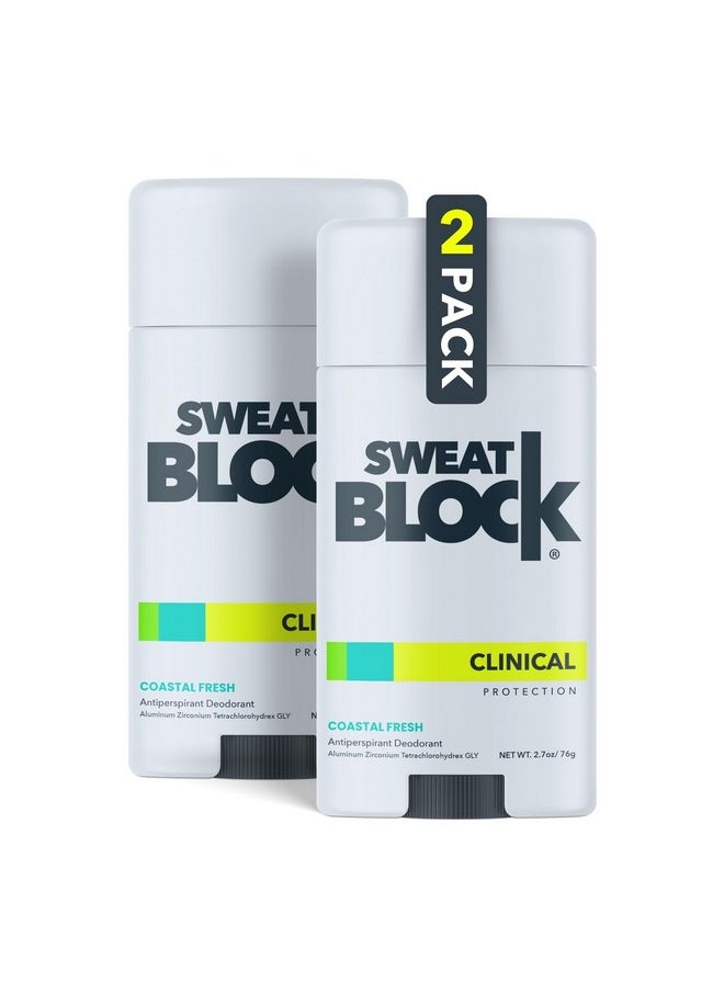 SweatBlock CLINICAL Deodorant Antiperspirant for Women & Men - 48-Hour High Degree Sweat & Odor Protection, Coastal Fresh Scent (2 Pack)