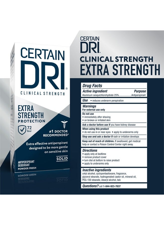 Certain Dri Extra Strength Clinical Antiperspirant Solid Deodorant, Hyperhidrosis Treatment for Men & Women, Long-Lasting 72hr Protection, Effective Sweat Control, Powder Fresh Scent, 1.7oz, 3 Pack