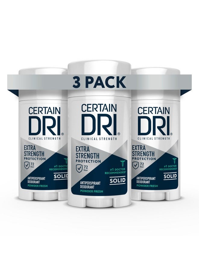 Certain Dri Extra Strength Clinical Antiperspirant Solid Deodorant, Hyperhidrosis Treatment for Men & Women, Long-Lasting 72hr Protection, Effective Sweat Control, Powder Fresh Scent, 1.7oz, 3 Pack