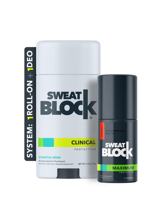 SweatBlock Antiperspirant Deodorant System - MAXIMUM CLINICAL STRENGTH for Men & Women - Hyperhidrosis Aid Up for to 7-Day Sweat Control - Roll-On 1.2 fl oz + 48-Hour Odor Protection Stick 2.7oz