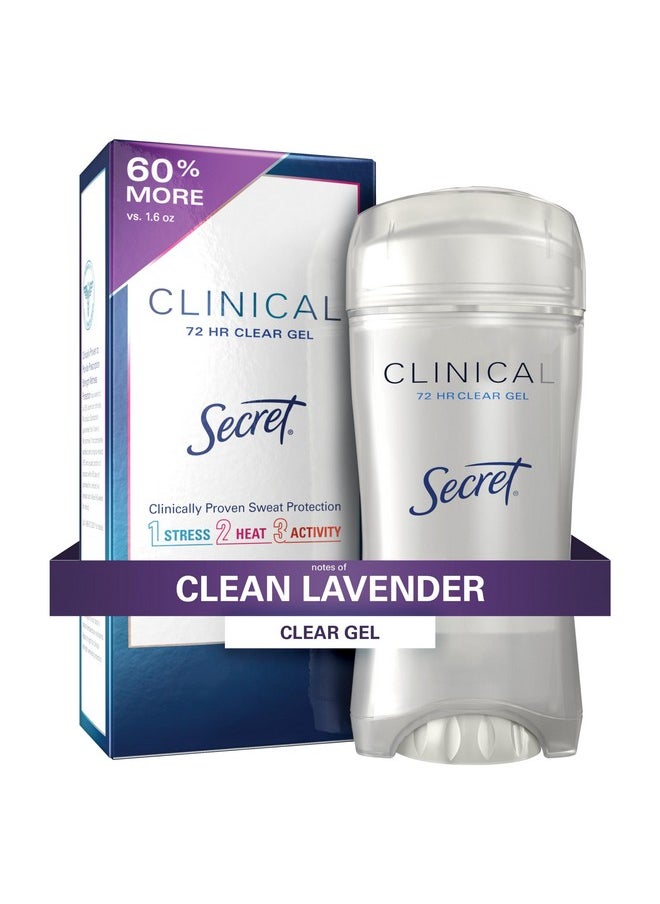 Secret Deodorant and Antiperspirant Clinical Strength for Women, 3X Stress Sweat Protection, PH Balancing Minerals, Clear Gel, Clean Lavender Scent, 2.6 oz