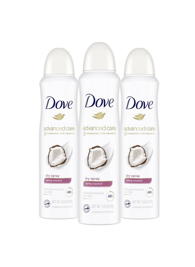 Dove Advanced Care Dry Spray Antiperspirant Deodorant Caring Coconut 3 Count For Women With 48 Hour Protection Soft And Comfortable Underarms 3.8 oz