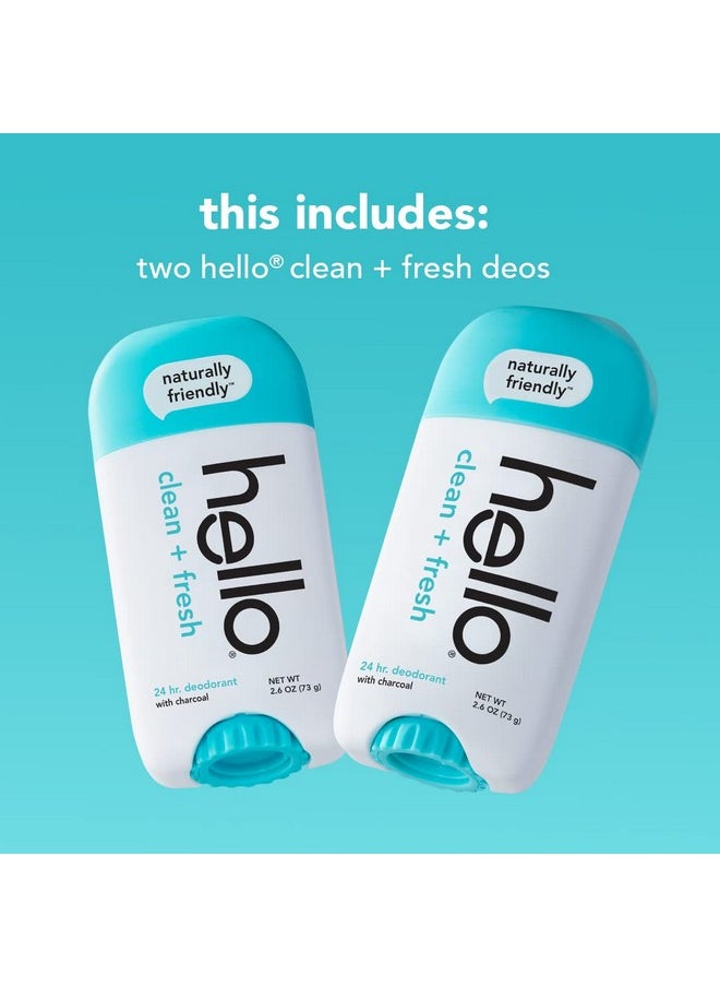 hello Activated Charcoal Fresh and Clean Deodorant for Women + Men, Aluminum Free, Baking Soda Free, Parabens Free, 24 Hour Odor Protection, 2.6 Ounce, 2 Pack