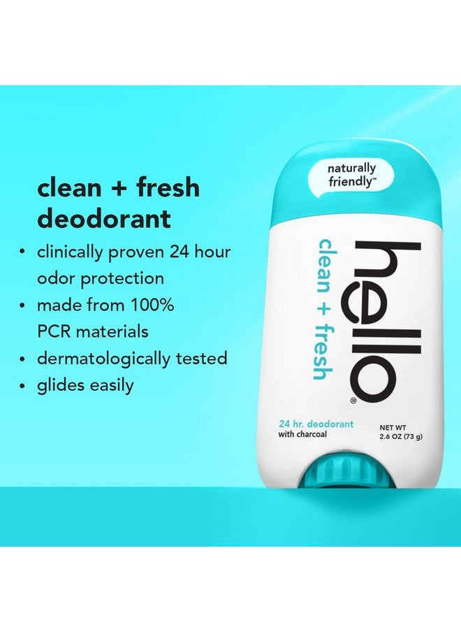 hello Activated Charcoal Fresh and Clean Deodorant for Women + Men, Aluminum Free, Baking Soda Free, Parabens Free, 24 Hour Odor Protection, 2.6 Ounce, 2 Pack