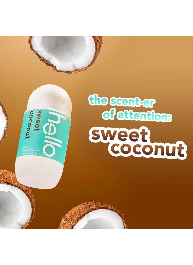 hello Sweet Coconut Roll On Deodorant, Aluminum Free Deodorant for Women + Men, 48 Hour Non Sticky Formula, Dries Quick and Leaves No White Residue, Travel Deodorant, 2 Pack, 1.69 oz Tubes