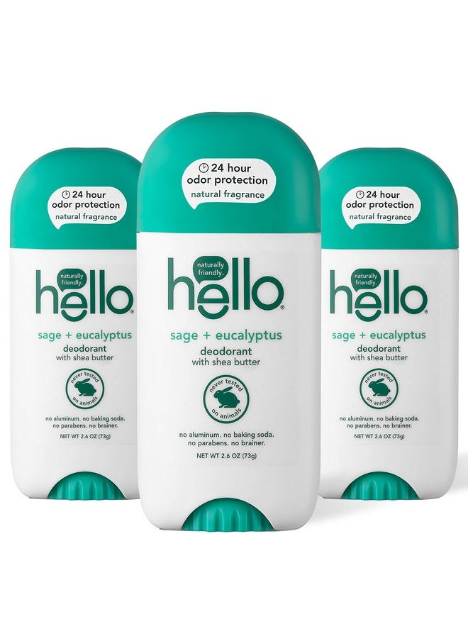 Hello White Deodorant With Shea Butter for Women Men 24 Hour Odor Protection No Aluminum Baking Soda Vegan Parabens Free 2.6 Oz 3, Sage + Eucalyptus, 1 Count