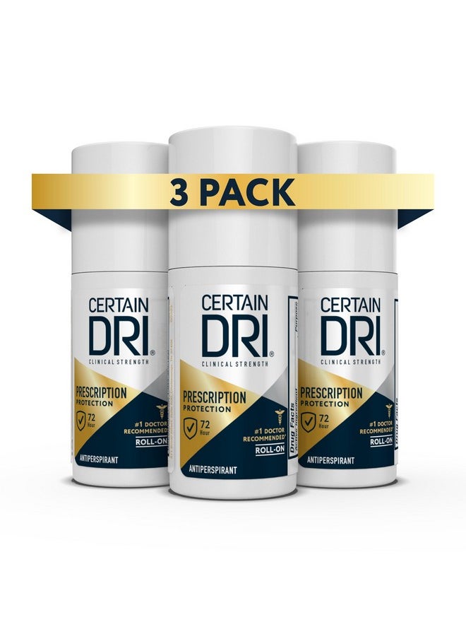 Certain Dri Prescription Strength Clinical Antiperspirant Roll-On, Hyperhidrosis Treatment for Men & Women, Long-Lasting 72hr Protection, Effective Sweat Control, Fragrance Free, 1.2 Fl oz, 3 Pack