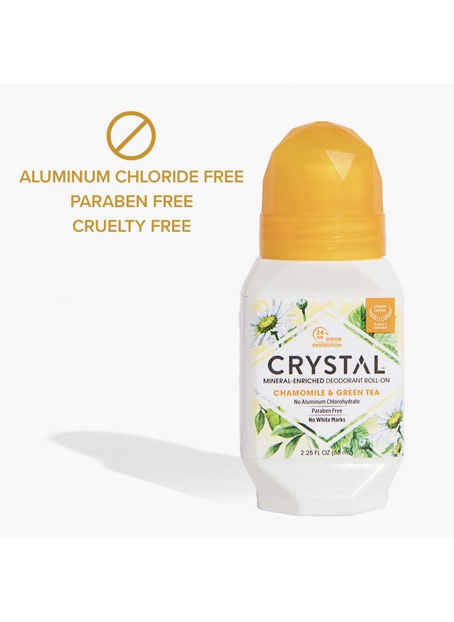 CRYSTAL Mineral Deodorant Roll-On- Body Deodorant With 24-Hour Odor Protection, Non-Staining & Non-Sticky Deodorant with Chamomile & Green Tea, Aluminium Chloride & Paraben Free, 2.25 FL OZ - 3 Pack