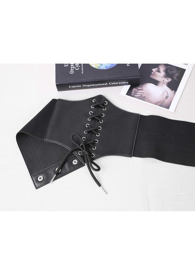 XZQTIVE Black Corset Waist Belt for Women, Wide Elastic Tie Waspie Belt for Dresses 4.7inch