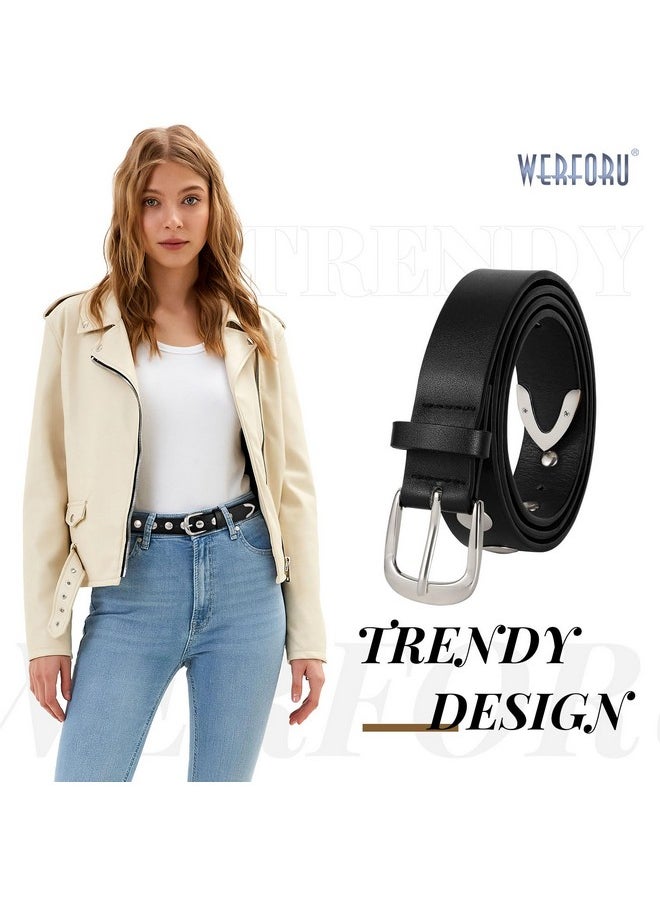 WERFORU Women Fashion Leather Belt Women Belts for Jeans Dress Women Punk Leather Belt Women Studded Leather Belt Women Vintage Belt,(Black-Silver,32