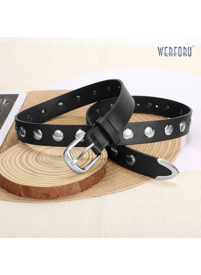 WERFORU Women Fashion Leather Belt Women Belts for Jeans Dress Women Punk Leather Belt Women Studded Leather Belt Women Vintage Belt,(Black-Silver,32