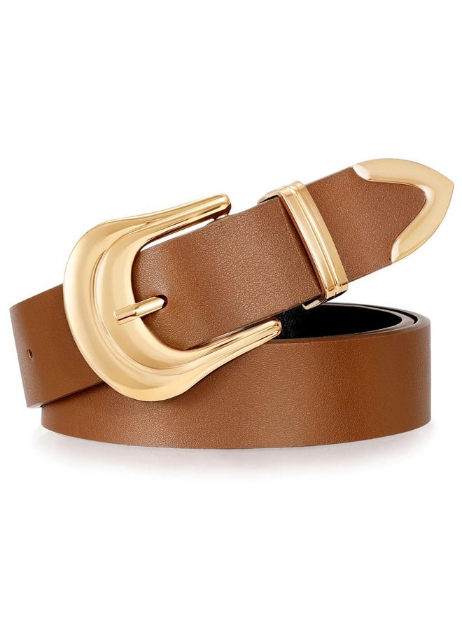 XZQTIVE Women's Leather Belt Plus Size Ladies Western Belt Silver Gold Buckle Brown Waist Belt for Jeans Pants Dresses