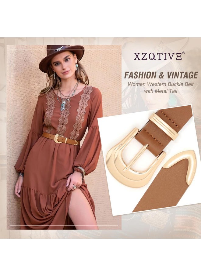 XZQTIVE Women's Leather Belt Plus Size Ladies Western Belt Silver Gold Buckle Brown Waist Belt for Jeans Pants Dresses